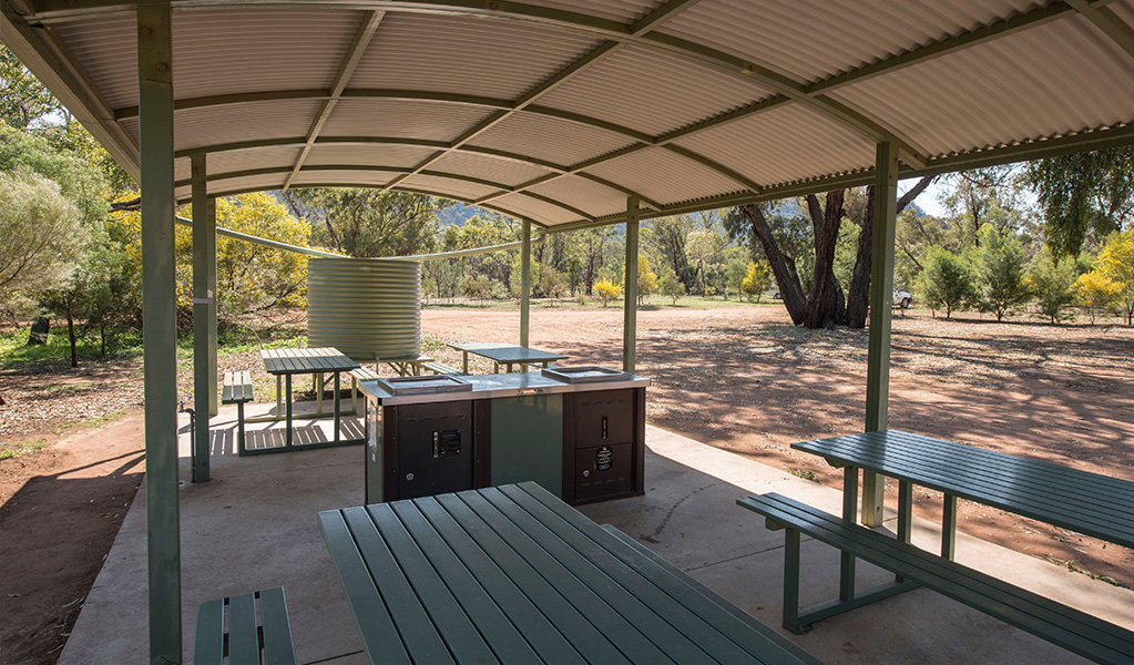 The barbecue area and undercover seating at Woolshed Flat campground in Cocoparra National Park. Credit: Jonh Spencer &copy; DCCEEW