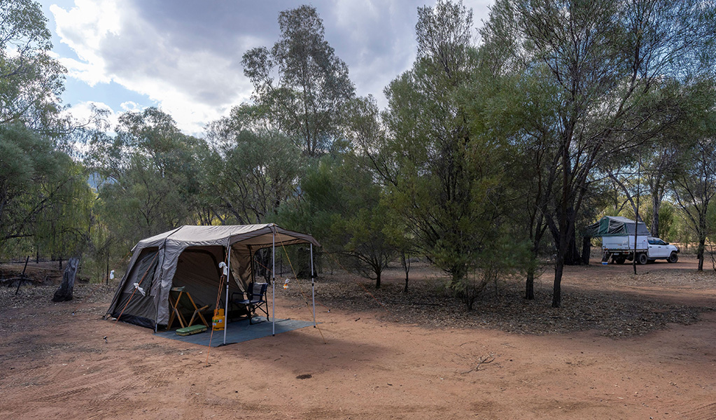 A tent set up at Woolshed Flat campground in Cocoparra National Park. Credit: Jonh Spencer &copy; DCCEEW