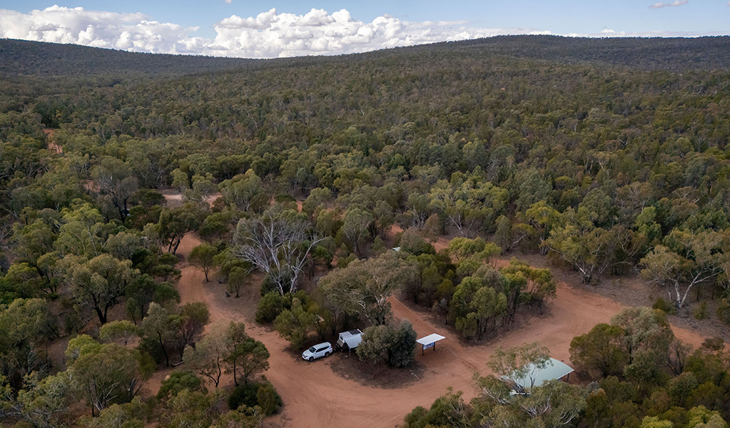 An aerial shot of the campground and roads around Woolshed Flat campground in Cocoparra National Park. Credit: Jonh Spencer &copy; DCCEEW