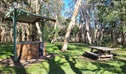 A barbecue shelter and picnic table surrounded by trees at Cudgen Lake picnic area in Cudgen Nature Reserve. Photo: Clare Manning &copy; DCCEEW