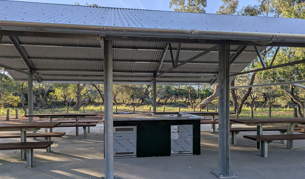 The communal barbecue shelter at Comeroo campground. Credit: Jessica Stokes &copy; DCCEEW