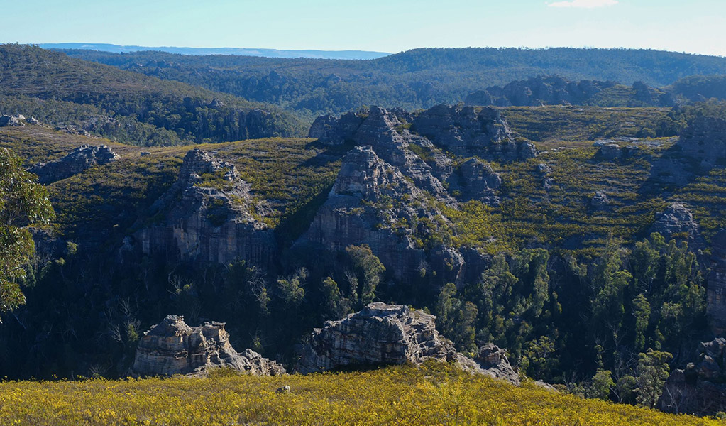 A view of pagoda rock formations with Dark Corner Mountain and Coolamigal Mountain towards Bathurst in the background. Credit: Claudia Abbott &copy; DCCEEW