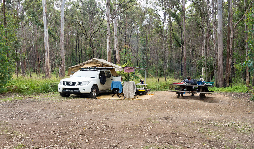 A camper trailer and picnic bench at Boundary Falls campground. Credit: Leah Pippos &copy; DCCEEW