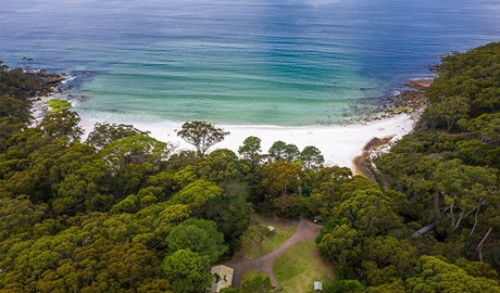 Aerial view of Greenfield Beach picnic area and the nearby beach. Photo: John Spencer/DPIE