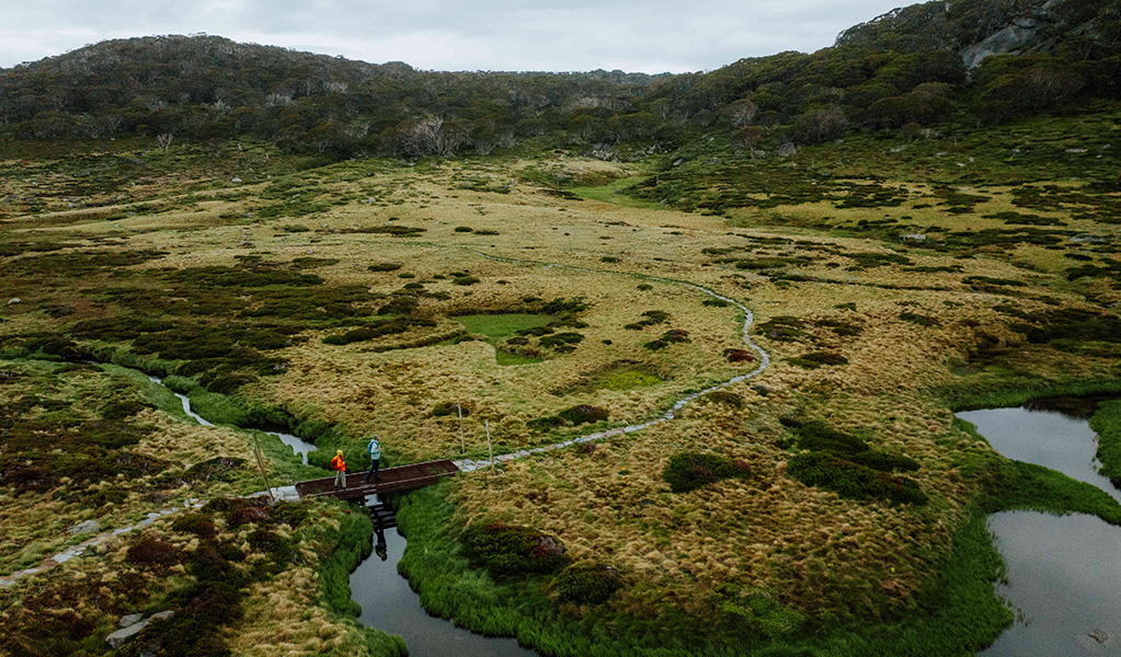 An aerial view of 2 hikers crossing a winding creek surrounded by marsh on Snowies Alpine Walk, Kosciuszko National Park.. Credit: Daniel Parsons / DCCEEW &copy; Caravel Content