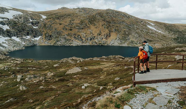 2 people on a viewing platform along Snowies Alpine Walk looking at a view of Blue Lake. Credit: Remy Brand / DCCEEW &copy; Caravel Content