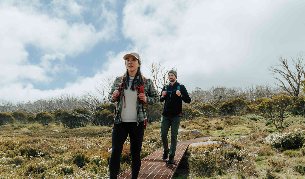 2 hikers on a raised path on Snowies Alpine Walk, Kosciuszko National Park. Credit: Remy Brand  / DCCEEW &copy; Caravel Content