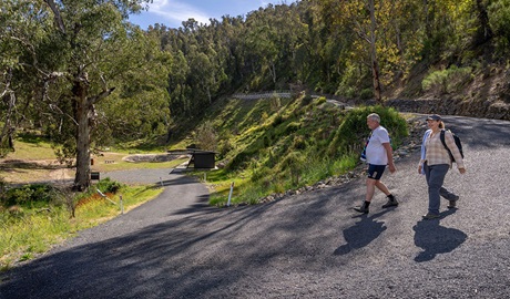 Two people walking down Yarrangobilly Thermal Pool walk, a short but steep bitumen road down to the pool. Credit: John Spencer &copy; DCCEEW