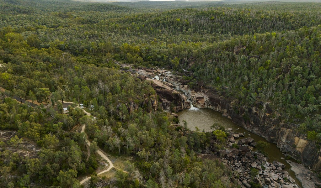 An aerial view of Macintyre Falls picnic area and nearby Macintyre Falls in Kwiambal National Park. Photo: Simon Scott &copy; DCCEEW