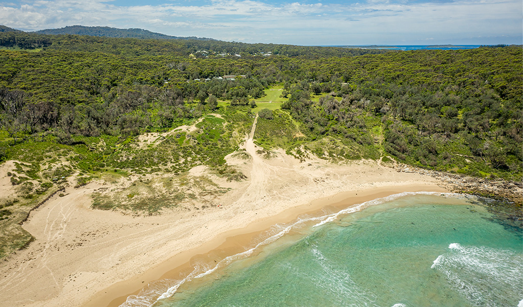 Aerial view of Pretty Beach, Murramarang National Park. Photo: John Spencer &copy; DPE