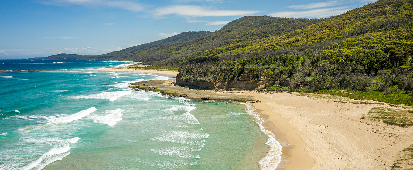 Aerial view of Pretty Beach in Murramarang National Park. Credit: John Spencer &copy; DPE