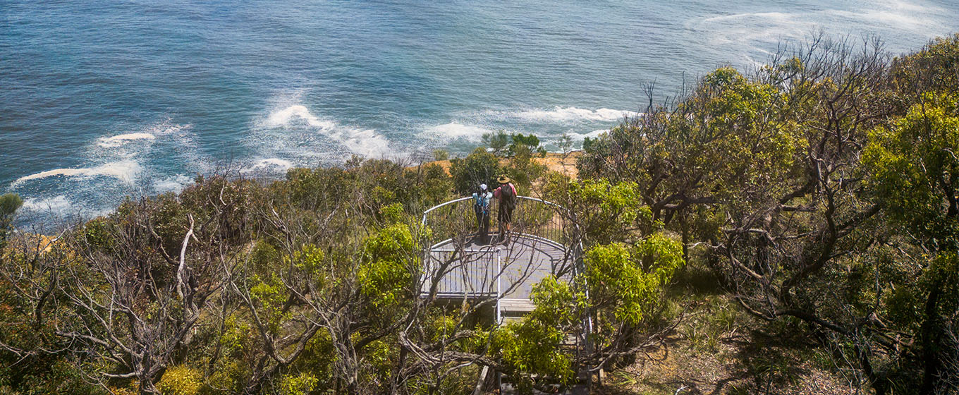 Aerial view of the viewing deck and views from Point Upright lookout. Credit: John Spencer &copy; DPE