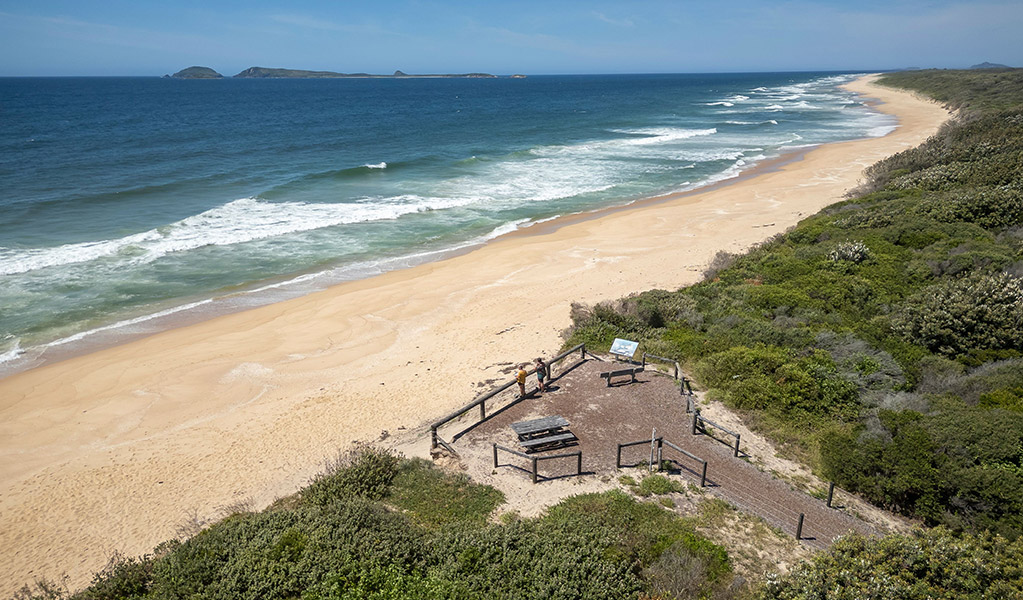 Aerial view of the ocean and Mungo Beach from Hole in the Wall picnic area in Myall Lakes National Park. Credit: John Spencer/DCCEEW &copy; DCCEEW