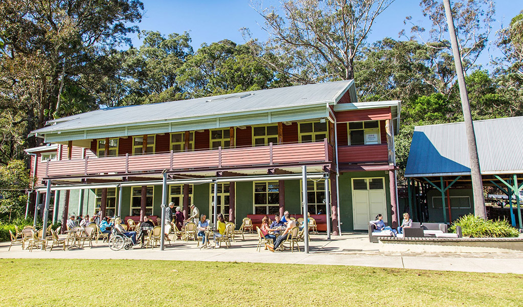 Visitors outside at Audley Dance Hall cafe with Royal National Park bushland in the background. Credit: Simone Cottrell/DCCEEW &copy; DCCEEW
