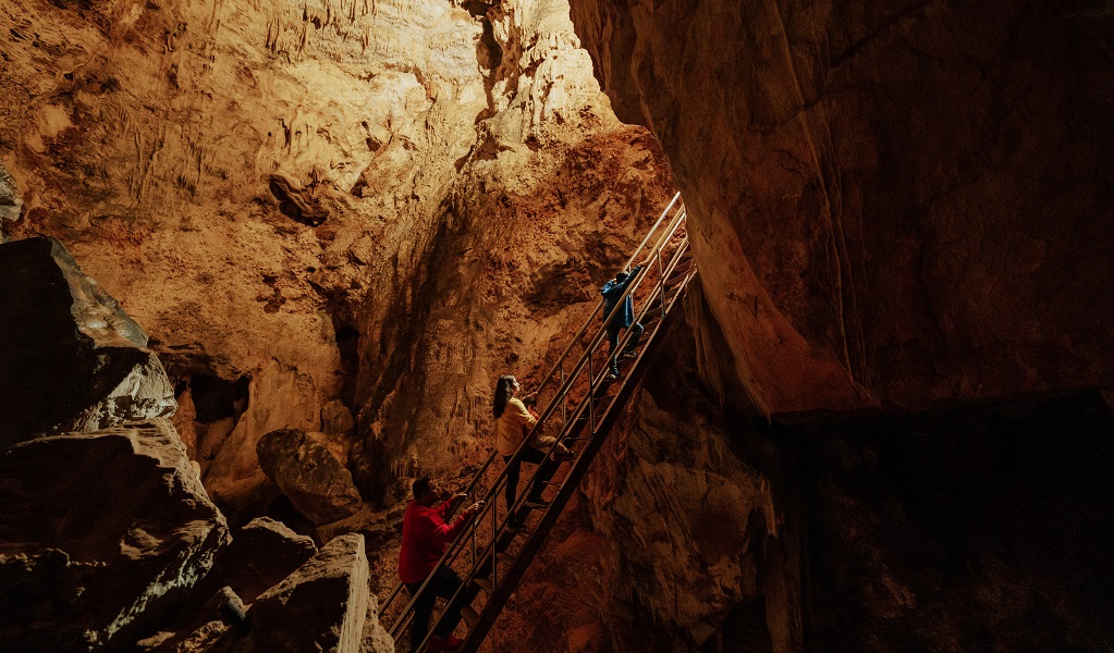 A family climbs a steep fight of steps while on a guided tour of Wollondilly Cave at Wombeyan Caves. Credit: Remy Brand/DPE &copy; Remy Brand