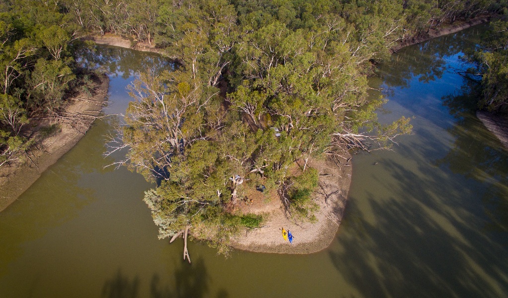 Aerial view of Yanga Lake with kayaks on the shore in Yanga National Park. Credit: Corey Brown &copy; Corey Brown/DCCEEW