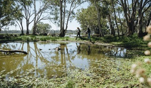 Two people walking along Yanga Lake walking track in Yanga National Park. Credit: Ain Raadik &copy; DCCEEW/Balranald Shire