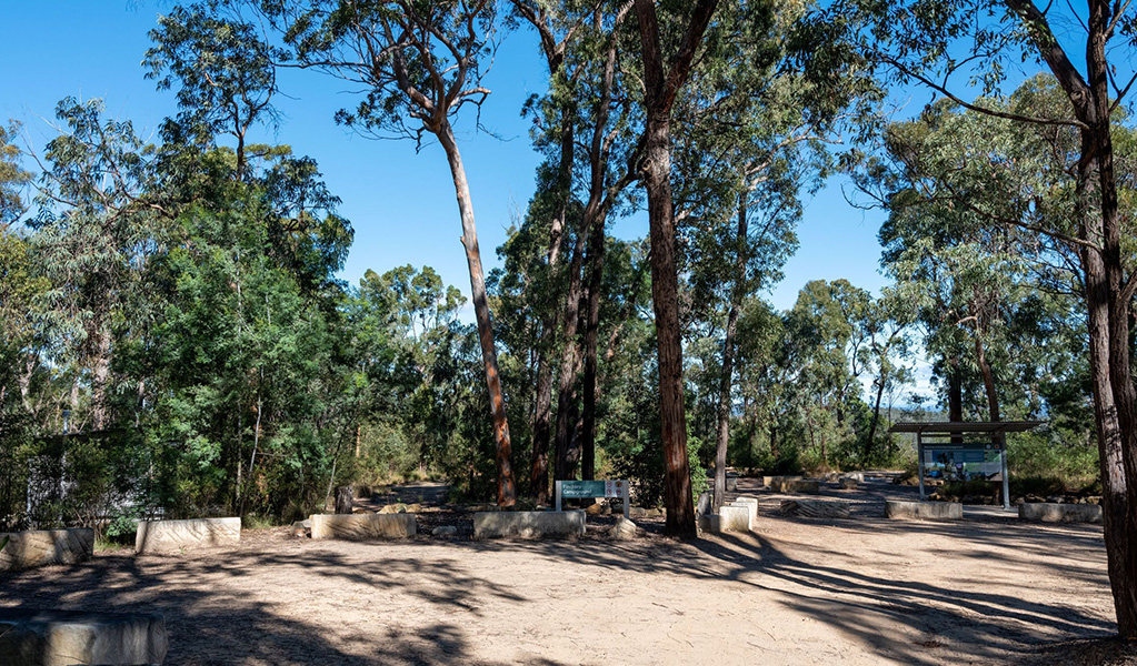 Parking and site signage at Finchley Campground in Yengo National Park. Credit: Allan Chawner &copy; DCCEEW