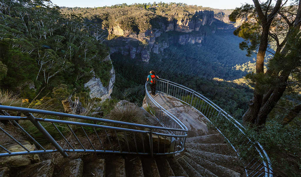 Walker enjoying the view from a safety barrier, Grand Cliff Top Walk. Credit: Matt Horspool &copy; DCCEEW