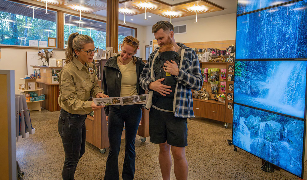 A volunteer guide helping visitors decide the best walk for them, Minnamurra Rainforest Visitor Centre, Budderoo National Park. Credit: John Spencer/DCCEEW &copy; DCCEEW
